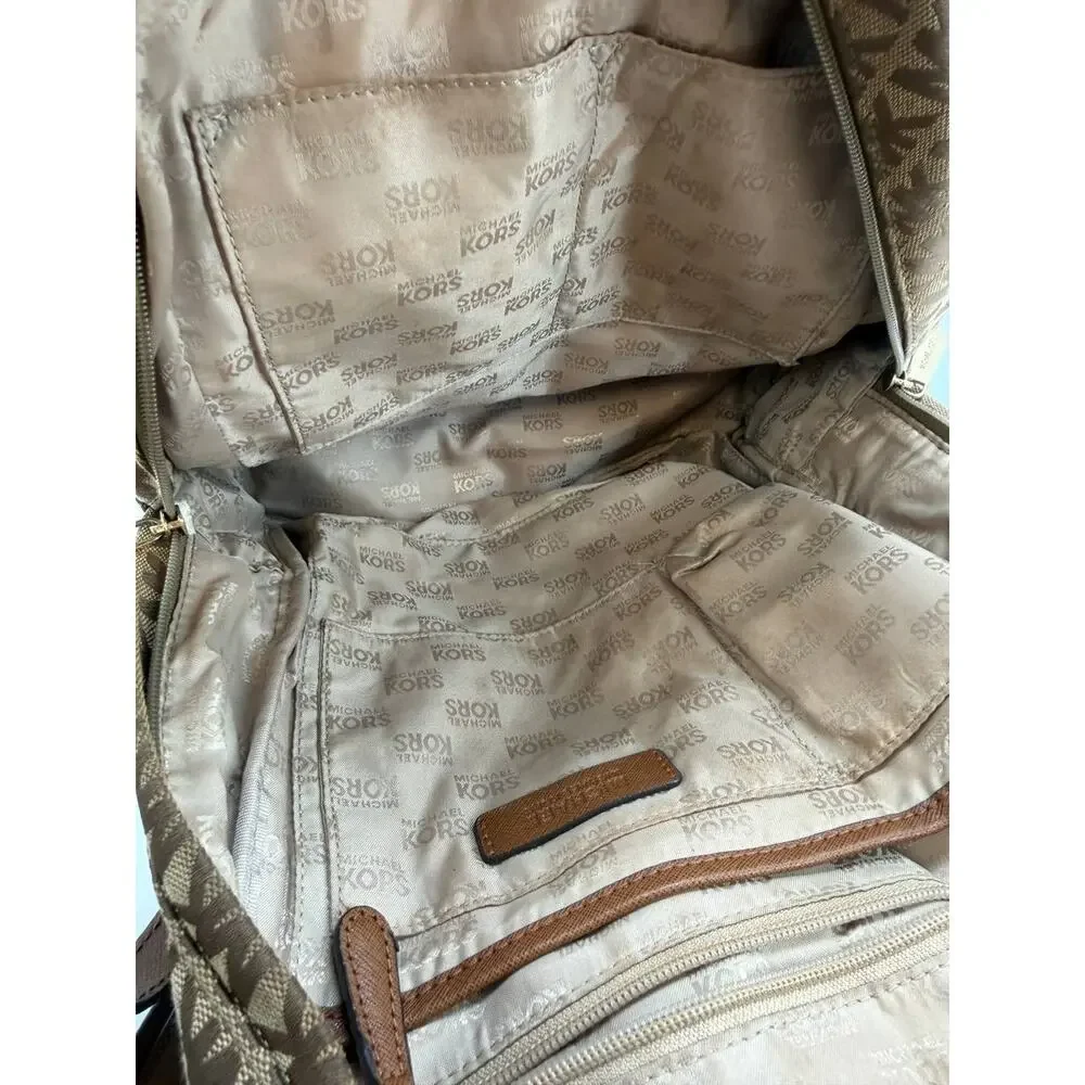 Michael Kors MK Logo Backpack Brown Tan Canvas Leather Trim Small Backpack